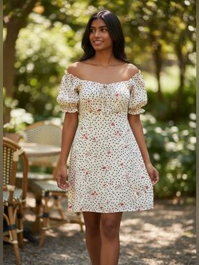 MINKPINK White Polka Dot Mini Dress with Red Floral Accents